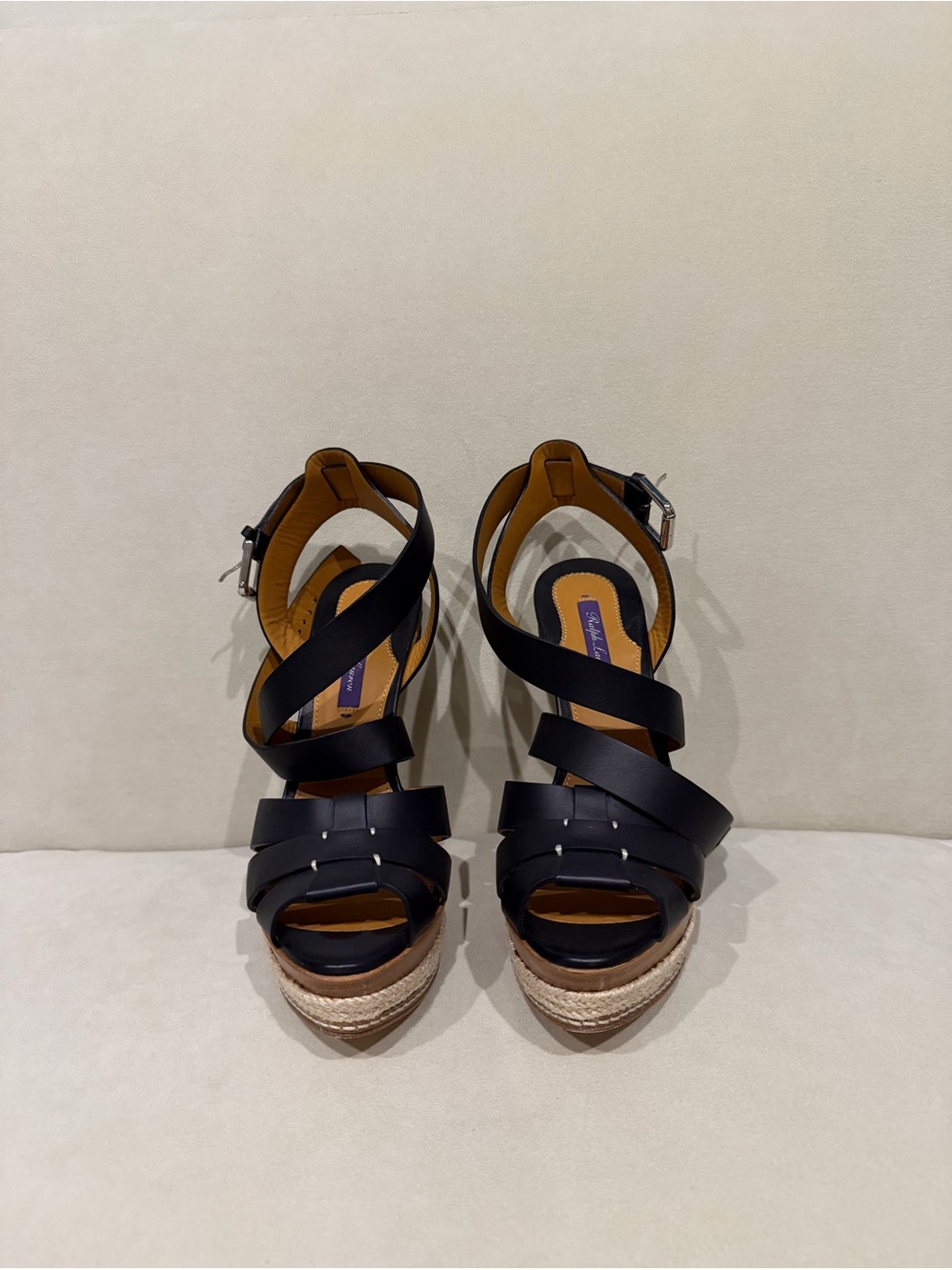 Women’s Ralph Lauren Black Leather Espadrille Wedge Sandals